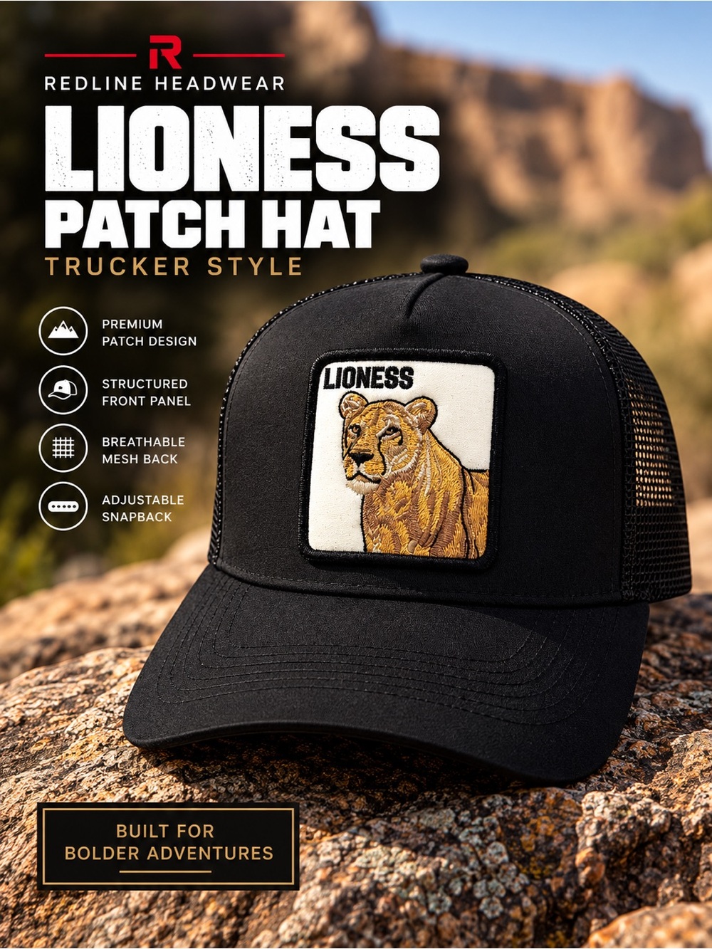 Lioness Patch Trucker Hat – Black & White Mesh Snapback